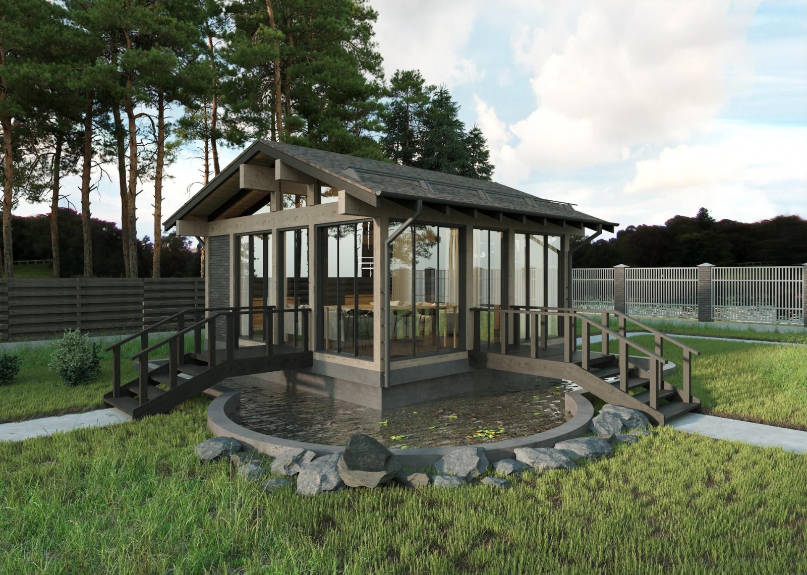 Беседка с прудом